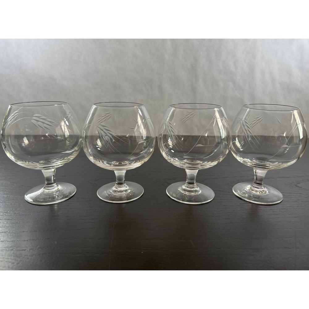 Vintage Libbey Wheat Etched Brandy Snifters MCM 4 Clear Glass Cognac Glasses - Picture 2 of 5